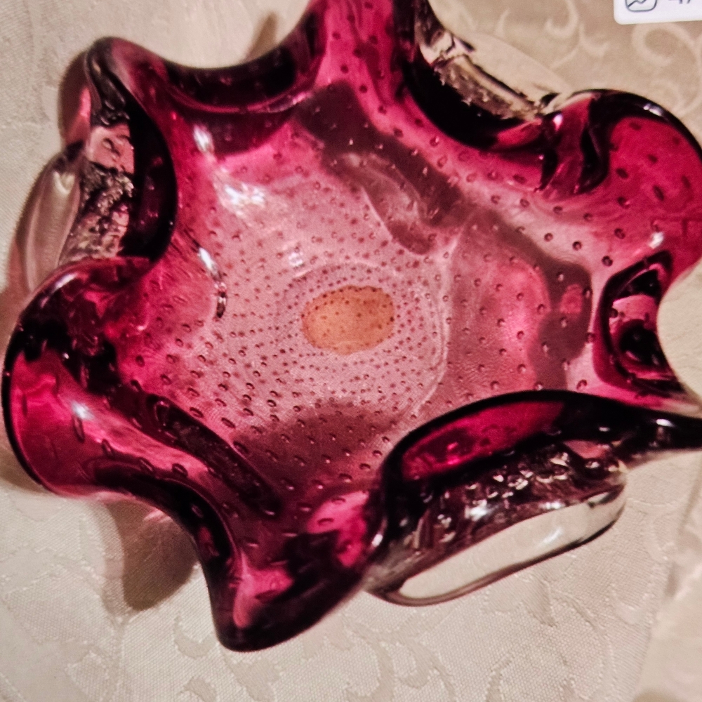 ❤️ MURANO Accents | Scalloped Sommerso Cranberry Bowl | 1970's Italian